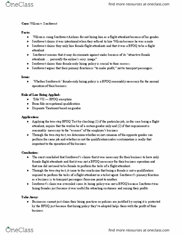 BUS3 157 Chapter Notes - Chapter 2: Southwest Airlines, Flight Attendant, Civil Rights Act Of 1964 thumbnail