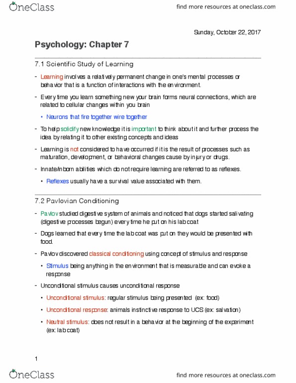 PSY100H1 Chapter Notes - Chapter 7: Classical Conditioning, Behaviorism, Autonomic Nervous System thumbnail