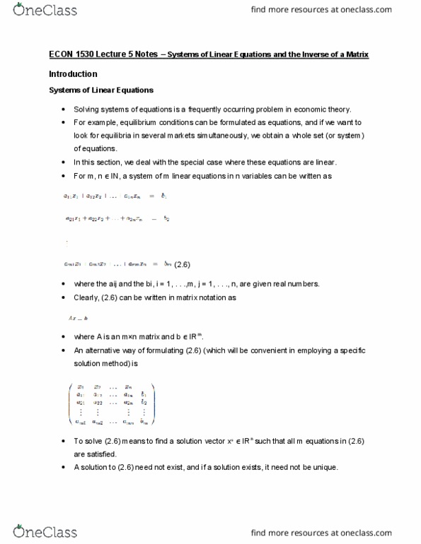 ECON 1530 Lecture Notes - Lecture 5: Harmonic Oscillator, Gaussian Elimination, Zero Matrix cover image