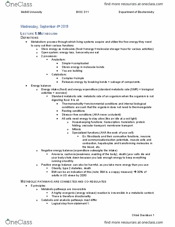 BIOC 311 Lecture Notes - Lecture 1: Metabolic Pathway, Energy Economics, Cachexia thumbnail