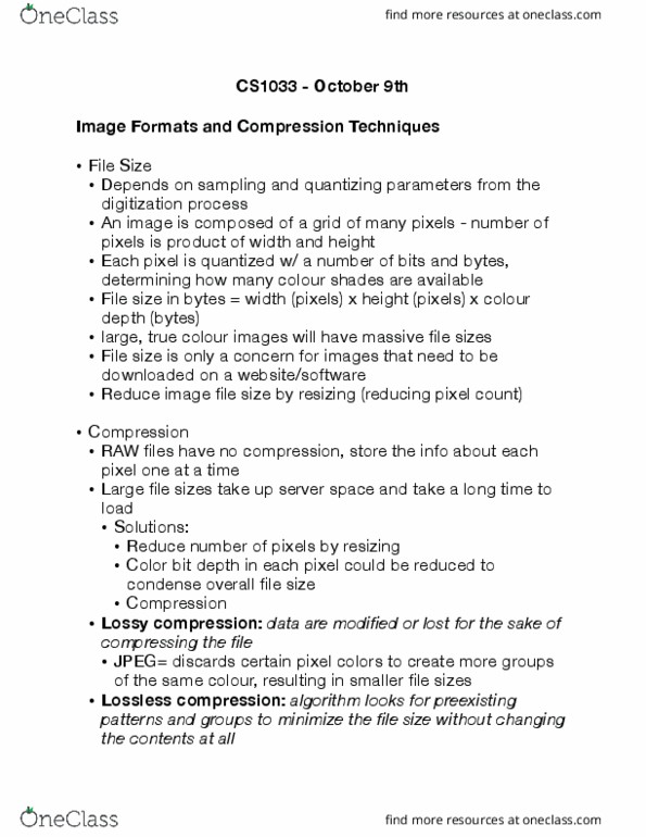 Computer Science 1033A/B Lecture Notes - Lecture 12: Lossless Compression, Lossy Compression, Color Depth cover image