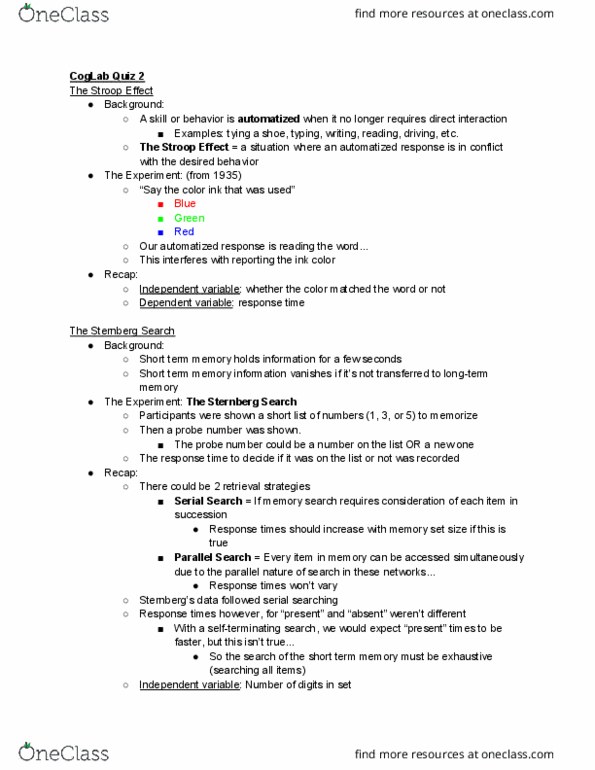 PSY 200 Study Guide - Fall 2019, Quiz - Short-Term Memory, Stroop ...