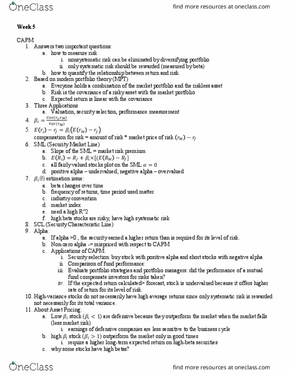 RSM330H1 Lecture Notes - Lecture 5: Systematic Risk, Capital Asset Pricing Model, Risk Premium thumbnail