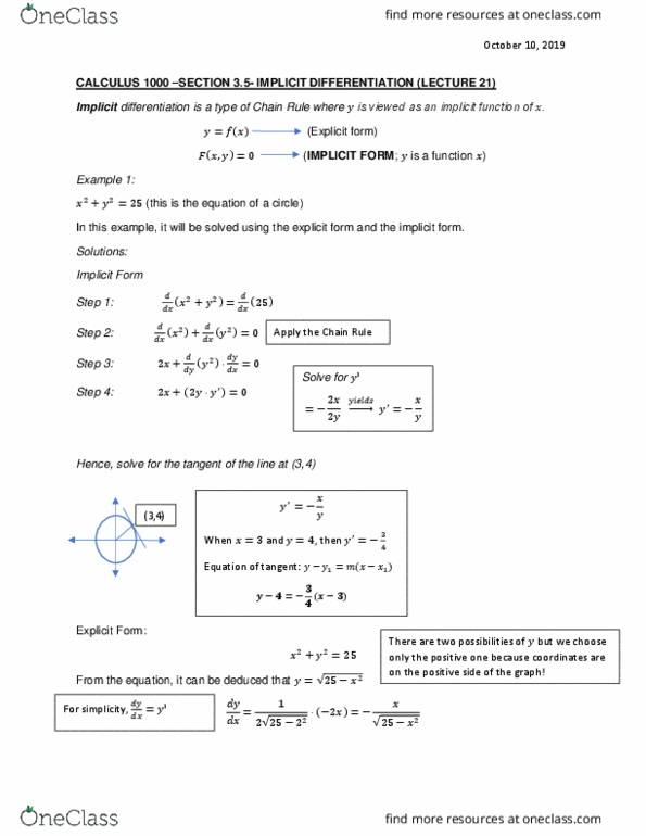 Calculus 1000A/B Lecture Notes - Lecture 21: Implicit Function, Product Rule cover image