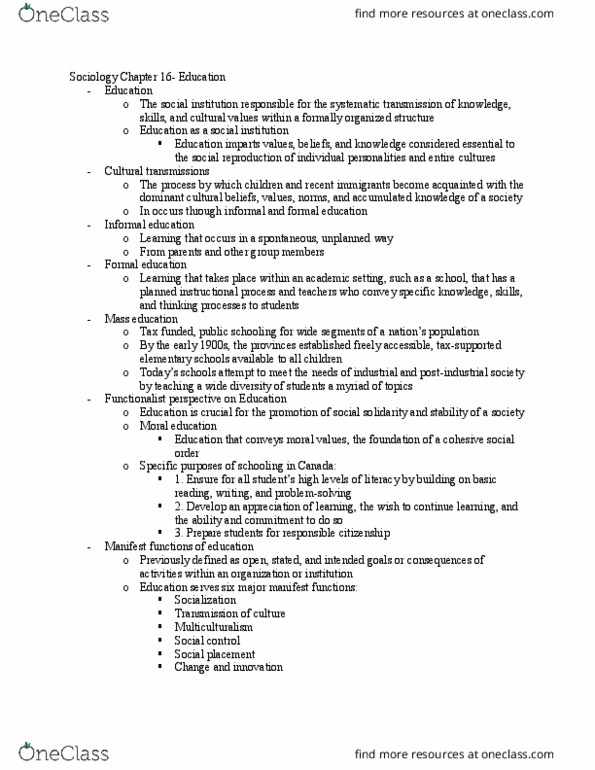 SOCI 1006 Chapter Notes - Chapter 16: Individualized Education Program, Social Reproduction, Social Control thumbnail