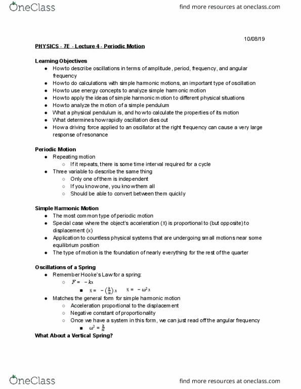 PHYSICS 7E Lecture Notes - Lecture 4: Simple Harmonic Motion, Angular Frequency, Propagation Constant thumbnail