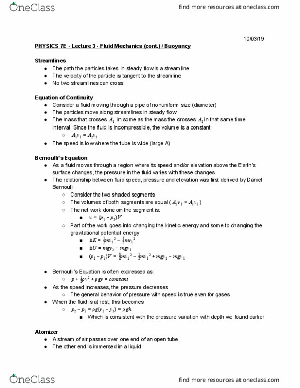 PHYSICS 7E Lecture Notes - Lecture 3: Daniel Bernoulli, Buoyancy, The Fluid thumbnail