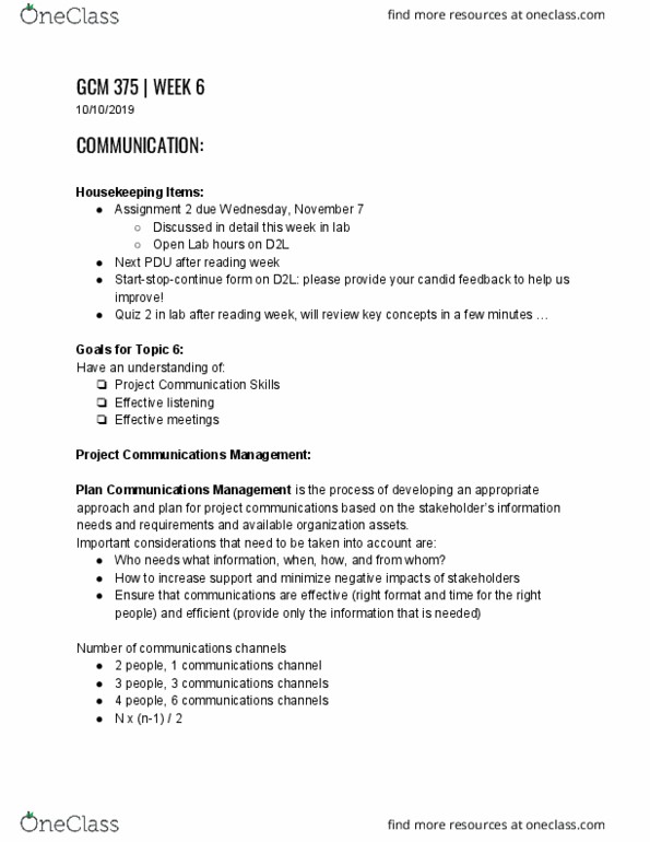GCM 375 Lecture Notes - Lecture 6: Channel (Communications), Body Language, Conflict Management thumbnail