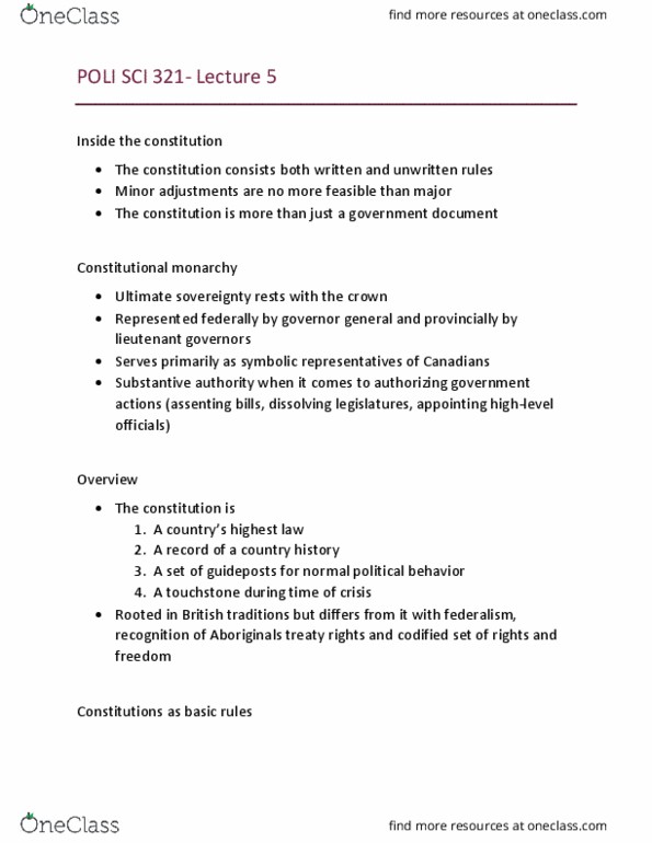 POLI 321 Lecture Notes - Lecture 5: Guideposts, Patriation, Parliamentary Sovereignty thumbnail