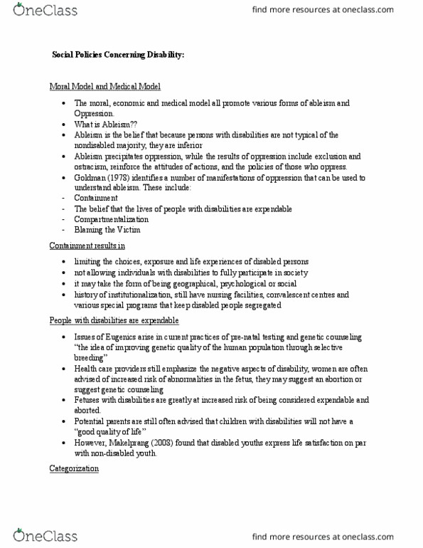 SOWK 4240 Lecture Notes - Lecture 1: Ableism, Genetic Counseling, Prenatal Diagnosis thumbnail
