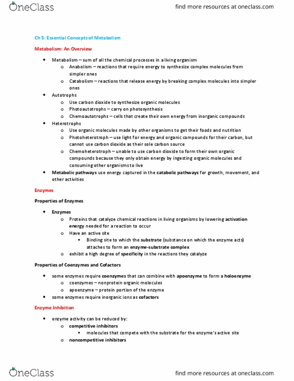 01:119:131 Chapter Notes - Chapter 5: Metabolic Pathway, Photoheterotroph, Chemotroph thumbnail