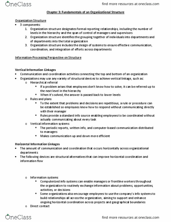 BU398 Chapter Notes - Chapter 3: Hierarchical Organization, Project Manager, Information System thumbnail