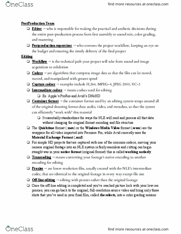 CIM 151 Chapter Notes - Chapter 19: Material Exchange Format, Offline Editing, Digital Container Format thumbnail