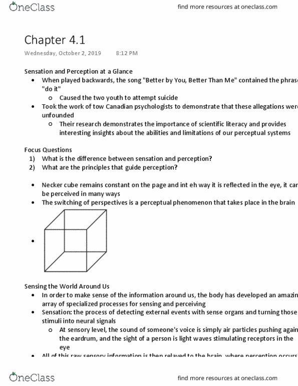 PSYA01H3 Chapter Notes - Chapter 4.1: Necker Cube, Scientific Literacy, Sensory Neuron thumbnail