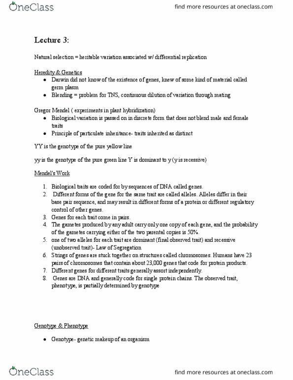 ASB 101 Lecture Notes - Lecture 3: Gregor Mendel, Germ Plasm, Mendelian Inheritance thumbnail