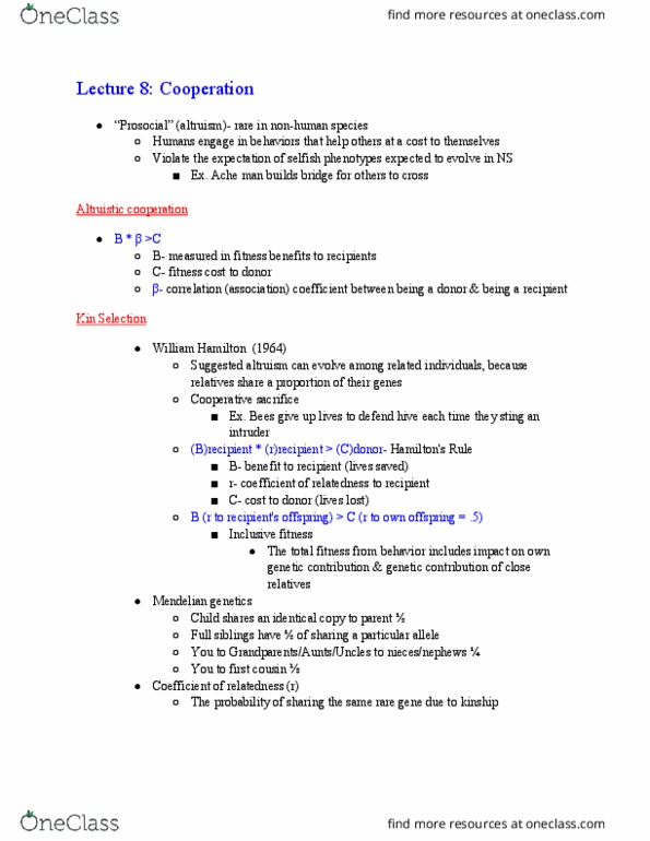 ASB 101 Lecture Notes - Lecture 8: Mendelian Inheritance, Inclusive Fitness, Nash Equilibrium thumbnail