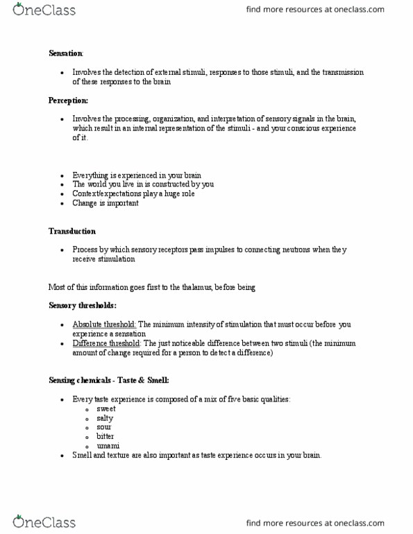 PSY100H1 Lecture Notes - Lecture 7: Absolute Threshold, Thalamus, Central Sulcus thumbnail