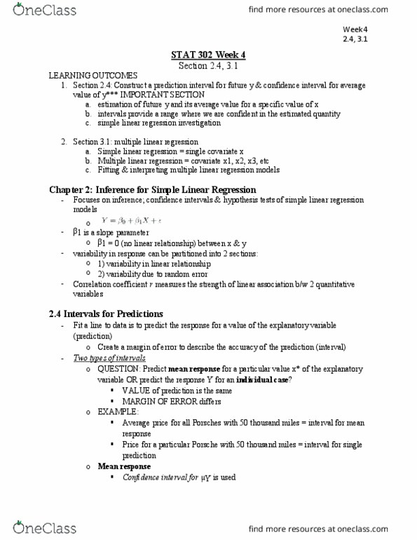 STAT 302 Chapter Notes - Chapter 3: Simple Linear Regression, Confidence Interval, Prediction Interval thumbnail