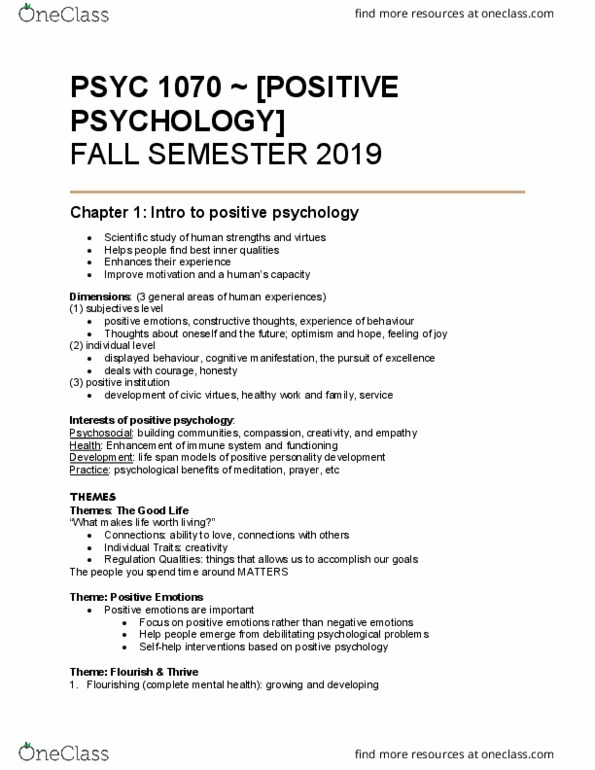 PSYC 1070 Lecture Notes - Lecture 1: Positive Psychology, Trait Theory, The Emotions thumbnail