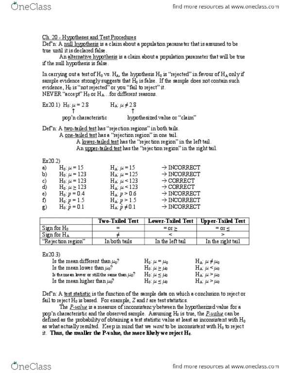 STAT141 Lecture Notes - Null Hypothesis, Test Statistic, Statistical Parameter thumbnail