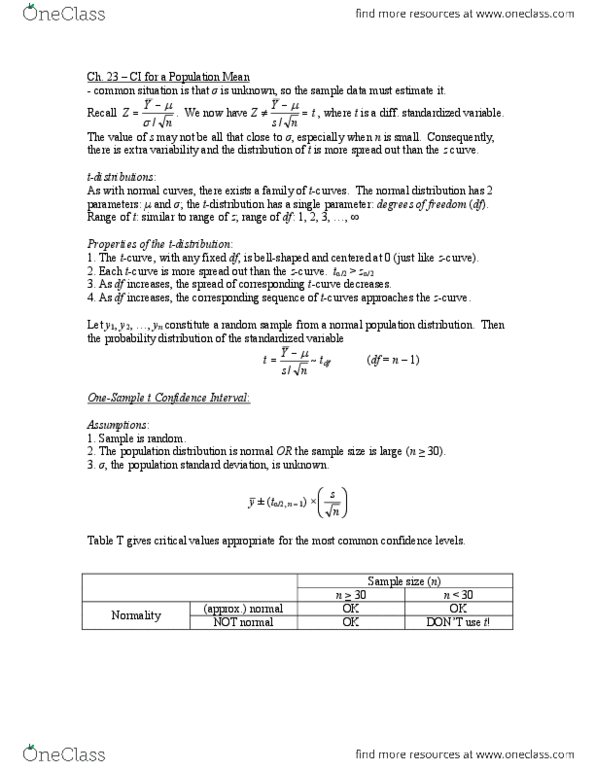 STAT141 Lecture Notes - Test Statistic, Standard Score, Confidence Interval thumbnail