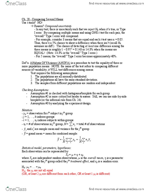 STAT141 Lecture Notes - Type I And Type Ii Errors, Analysis Of Variance, Ratio Test thumbnail