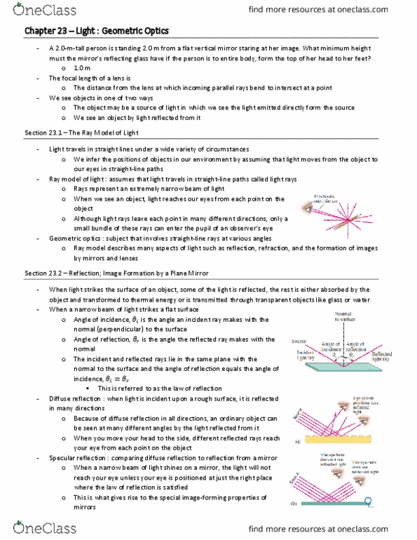 PHY 1409 Chapter Notes - Chapter 23: Geometrical Optics, Specular Reflection, Diffuse Reflection thumbnail