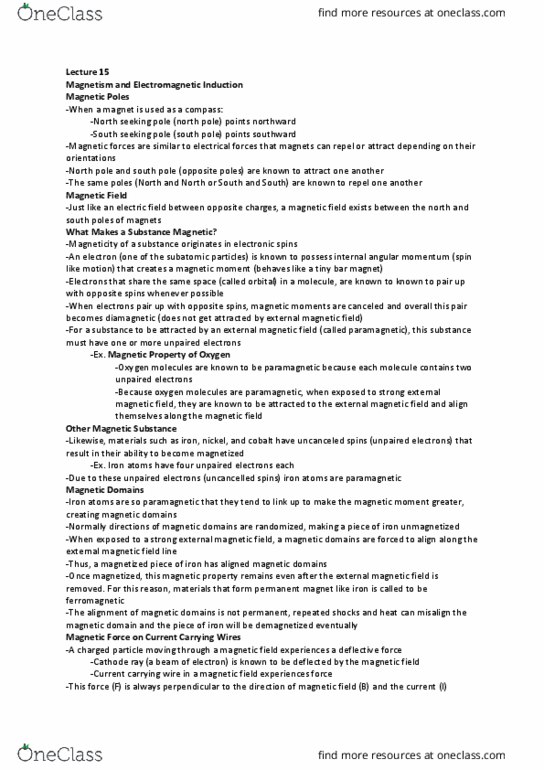 PSC 133 Lecture Notes - Lecture 15: Magnetic Domain, Paramagnetism, Cathode Ray thumbnail