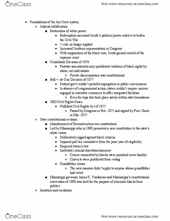 WWS 331 Lecture Notes - Lecture 10: Civil Rights Cases, Grandfather Clause, Literacy Test thumbnail