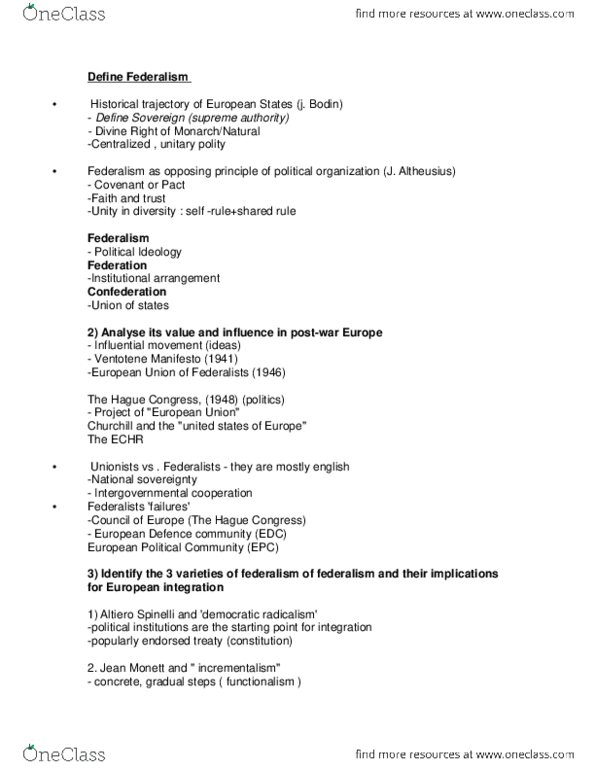 POL207Y1 Lecture Notes - Incrementalism, Treaty Establishing The European Defence Community, Mass Society thumbnail