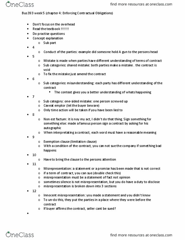 BUS 393 Lecture Notes - Lecture 5: Non Est Factum, Caveat Emptor, Only Time thumbnail