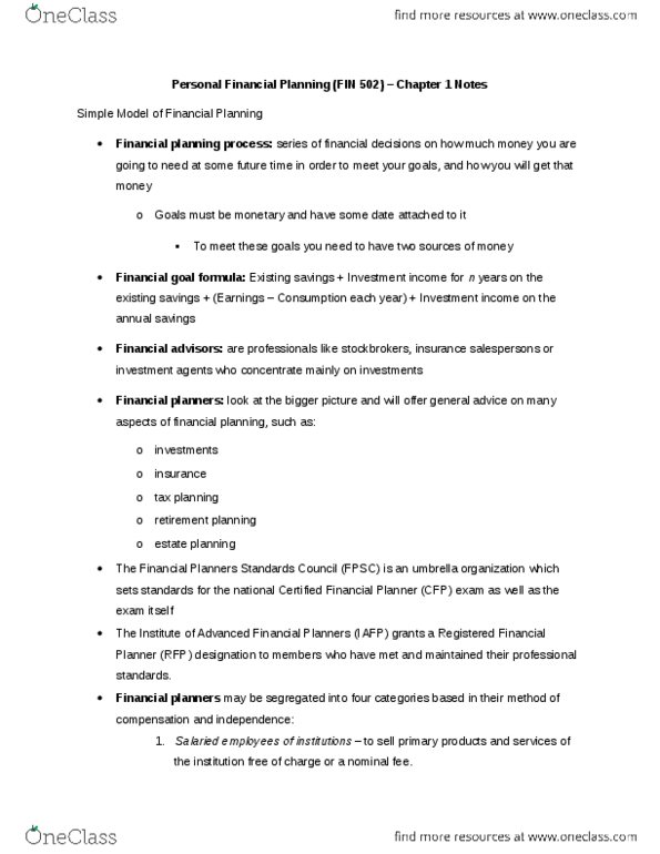 FIN 502 Chapter Notes - Chapter 1: Certified Financial Planner, Financial Plan, Estate Planning thumbnail