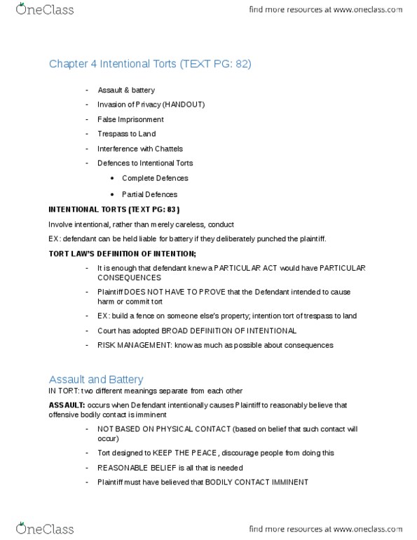 LAW 122 Chapter Notes - Chapter 4: Dont, Detinue, False Imprisonment thumbnail