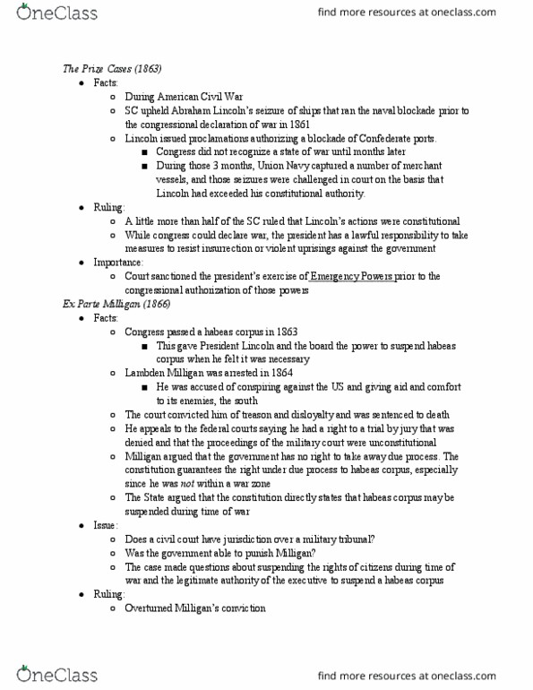 PSC 210 Chapter Notes - Chapter 9: Ex Parte Milligan, Due Process, Political Question thumbnail