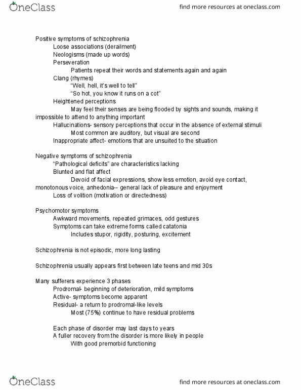 PSYC 2300 Lecture Notes - Lecture 13: Clang, Reduced Affect Display, Catatonia thumbnail