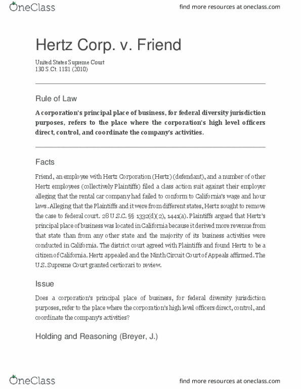 LAW 607 Lecture Notes - Lecture 22: The Hertz Corporation, Diversity Jurisdiction, False Advertising thumbnail