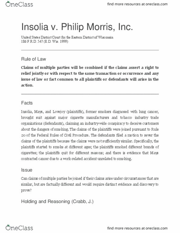 LAW 607 Lecture 10: Civ Pro - Insolia v. Philip Morris, Inc. thumbnail