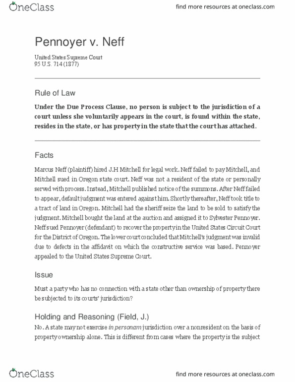 LAW 607 Lecture Notes - Lecture 39: Sylvester Pennoyer, Pennoyer V. Neff, In Personam thumbnail