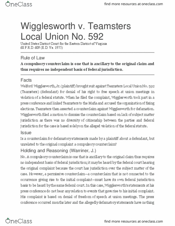 LAW 607 Lecture Notes - Lecture 8: Wigglesworth, Subject-Matter Jurisdiction, International Brotherhood Of Teamsters thumbnail