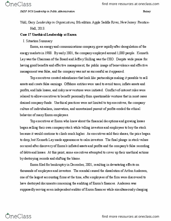 PADP 8420 Chapter Notes - Chapter 13: Kenneth Lay, Prentice Hall, Jeffrey Skilling thumbnail