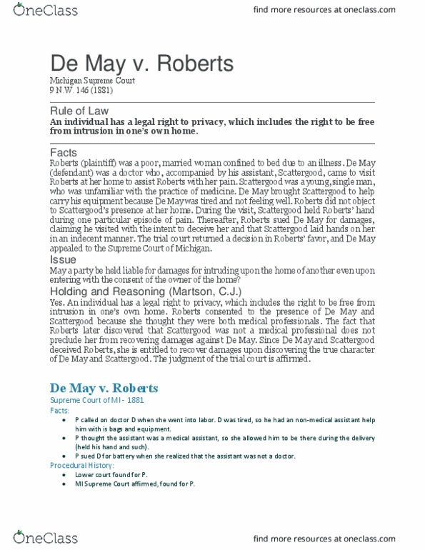 LAW 603 Lecture 15: Torts - De May v. Roberts thumbnail