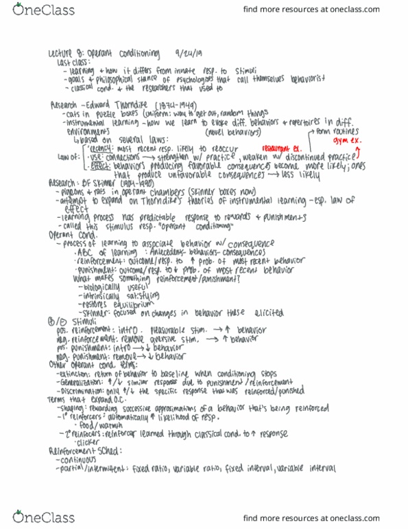 PSYCH 1 Lecture Notes - Lecture 8: Edward Thorndike, Operant Conditioning thumbnail