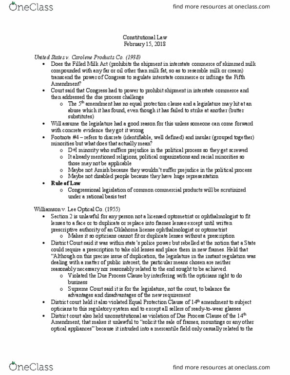 LAW 606 Lecture Notes - Lecture 15: United States V. Carolene Products Co., Equal Protection Clause, Rational Basis Review thumbnail