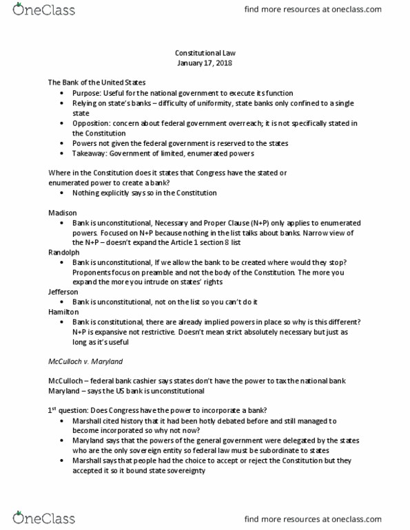 LAW 606 Lecture Notes - Lecture 2: Enumerated Powers, U.S. Bancorp, Implied Powers thumbnail