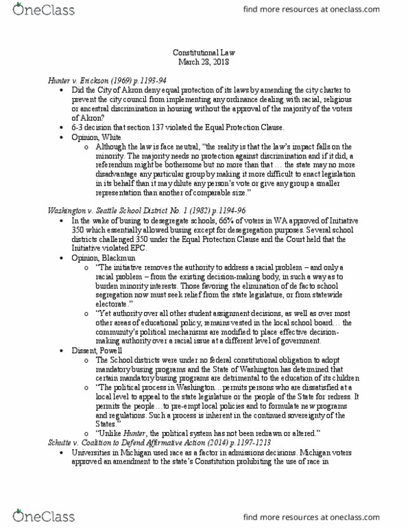 LAW 606 Lecture Notes - Lecture 27: Harry Blackmun, Equal Protection Clause, Grutter V. Bollinger thumbnail
