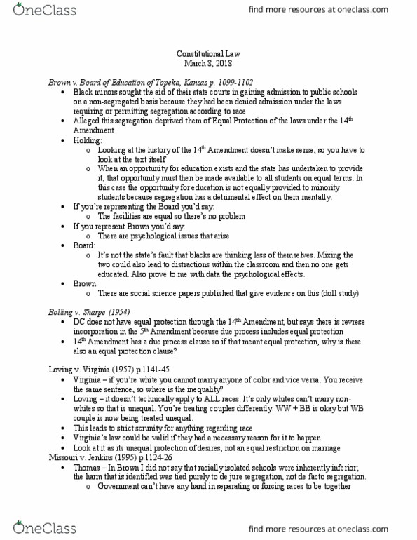LAW 606 Lecture Notes - Lecture 22: De Jure, Equal Protection Clause thumbnail