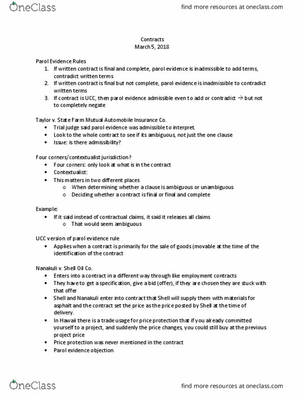 LAW 601 Lecture Notes - Lecture 15: Parol Evidence Rule, Employment Contract thumbnail