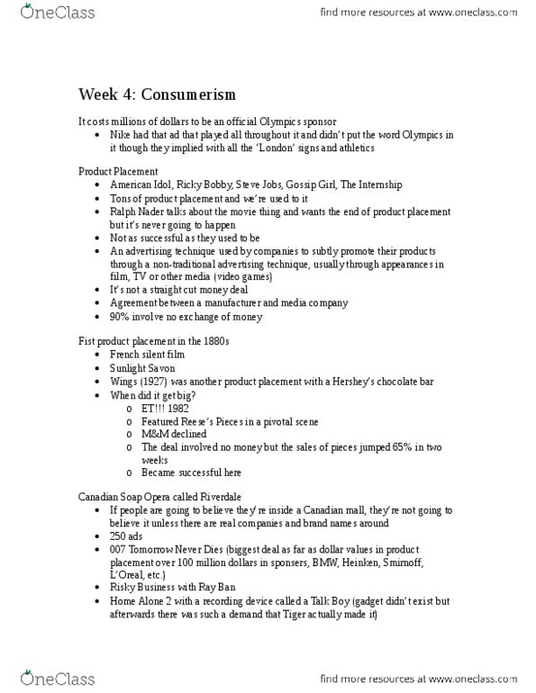 Sociology 2172A/B Lecture Notes - Lecture 4: Sex In Advertising, Hard Wired, Quiznos thumbnail