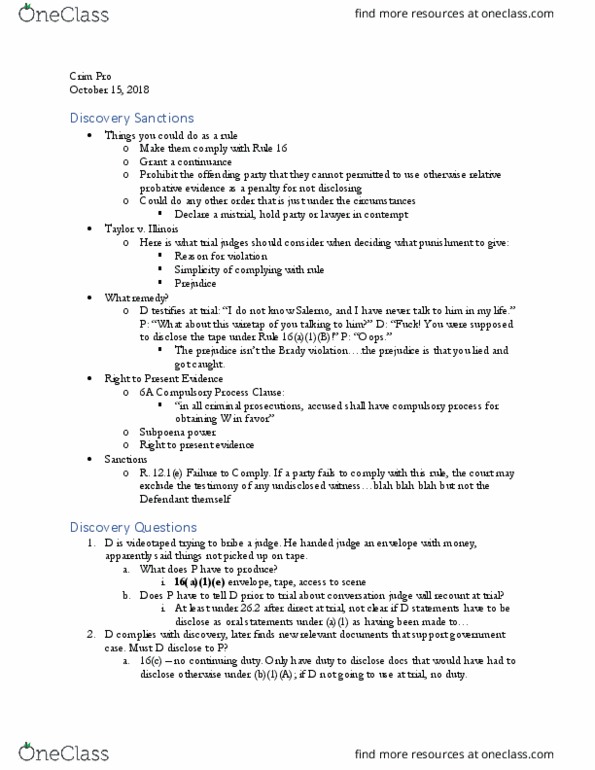 LAW 679 Lecture Notes - Lecture 15: Compulsory Process Clause, Trial, Telephone Tapping thumbnail