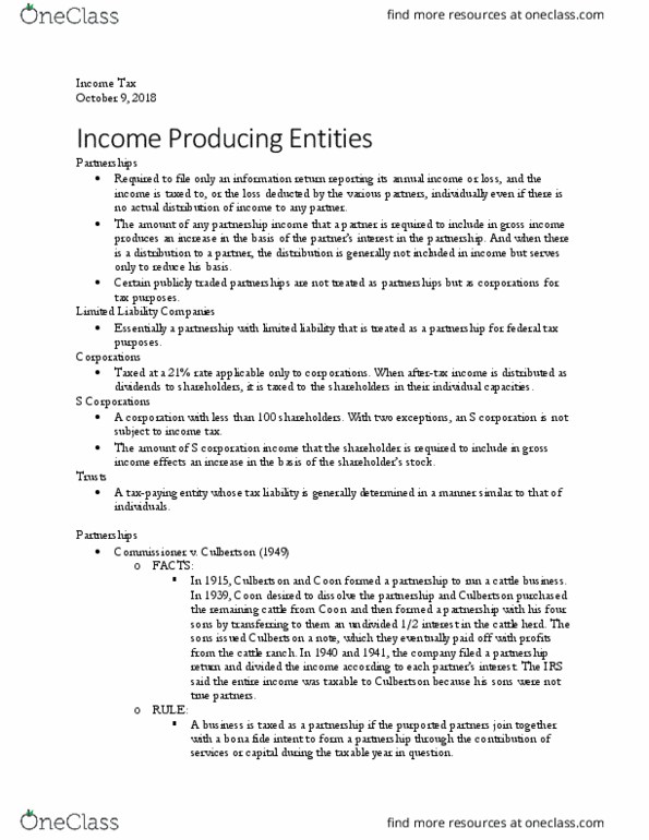 LAW 647 Lecture Notes - Lecture 12: S Corporation, Gross Income, Fide thumbnail